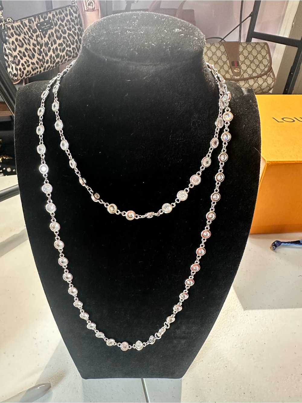 Silver-Tone Bezel Crystal Station Necklace - Elegant Layered Look - Picture 3 of 3